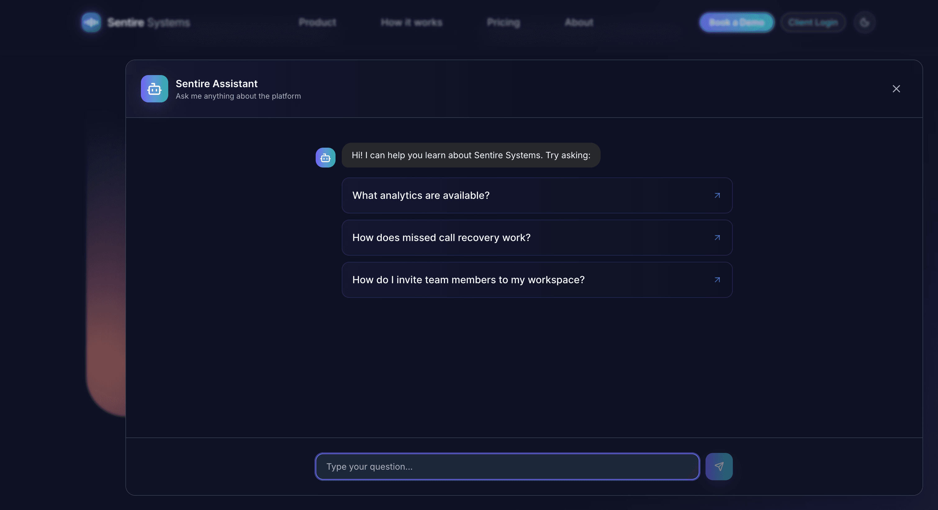 Sentire Assistant chatbot widget — in-app AI assistant for platform guidance, analytics queries, and missed call recovery questions