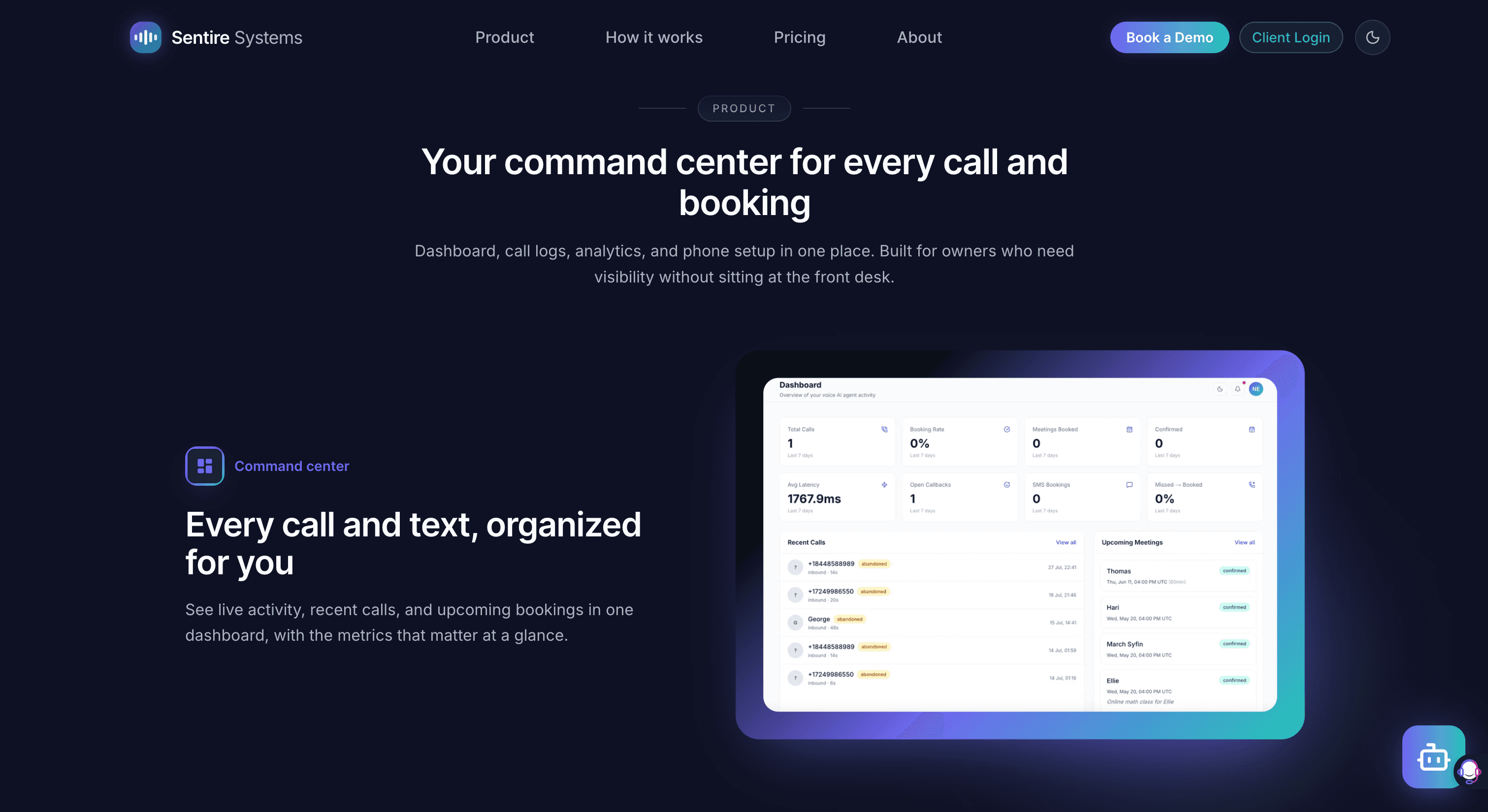 Command center — Total calls, booking rate, meetings booked, avg latency, SMS bookings, missed callbacks, recent calls feed, upcoming meetings list