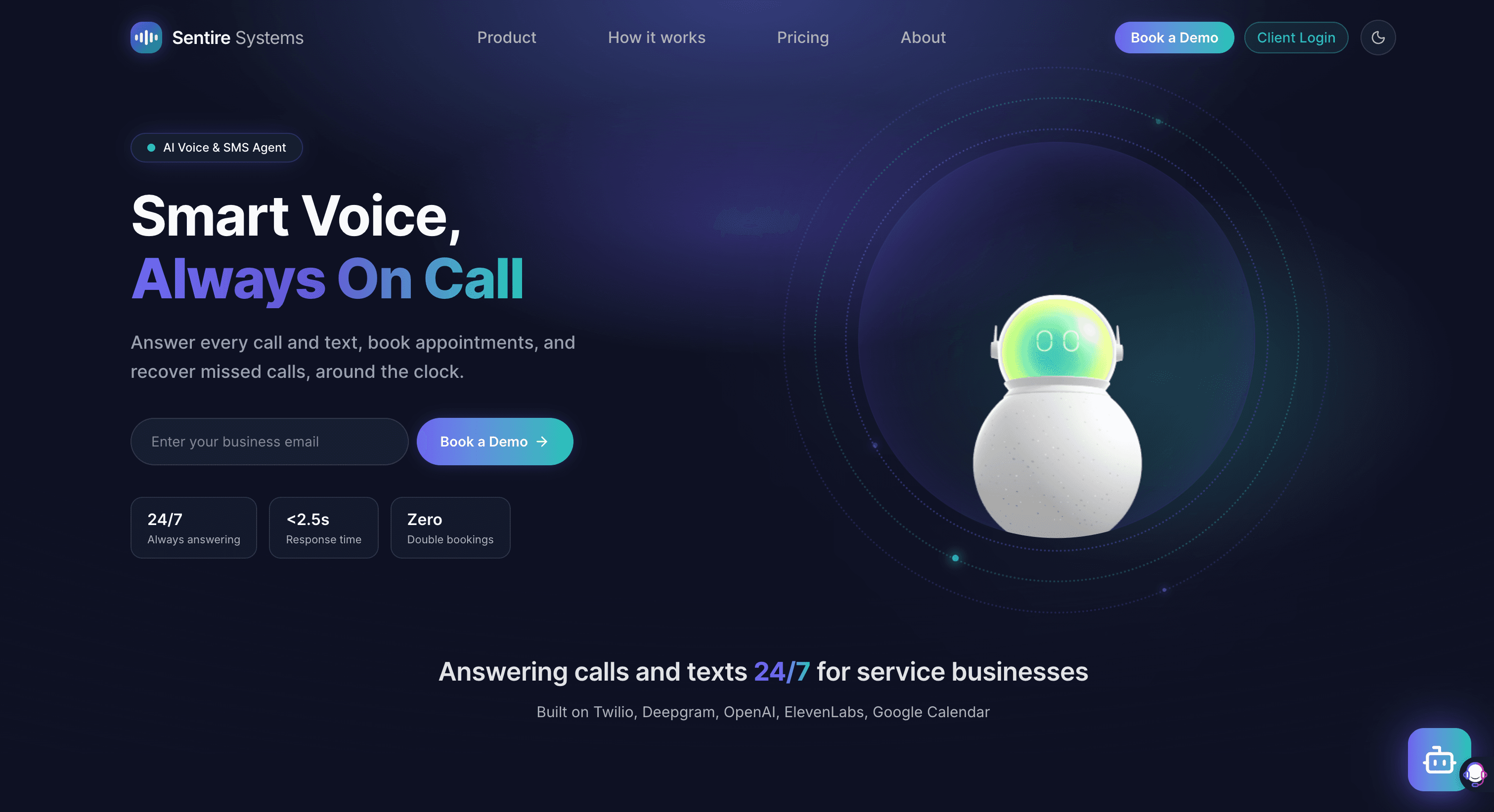 Landing page hero — 'Smart Voice, Always On Call': 24/7 answering, <2.5s response time, Zero double bookings — built on Twilio, Deepgram, OpenAI, ElevenLabs, Google Calendar