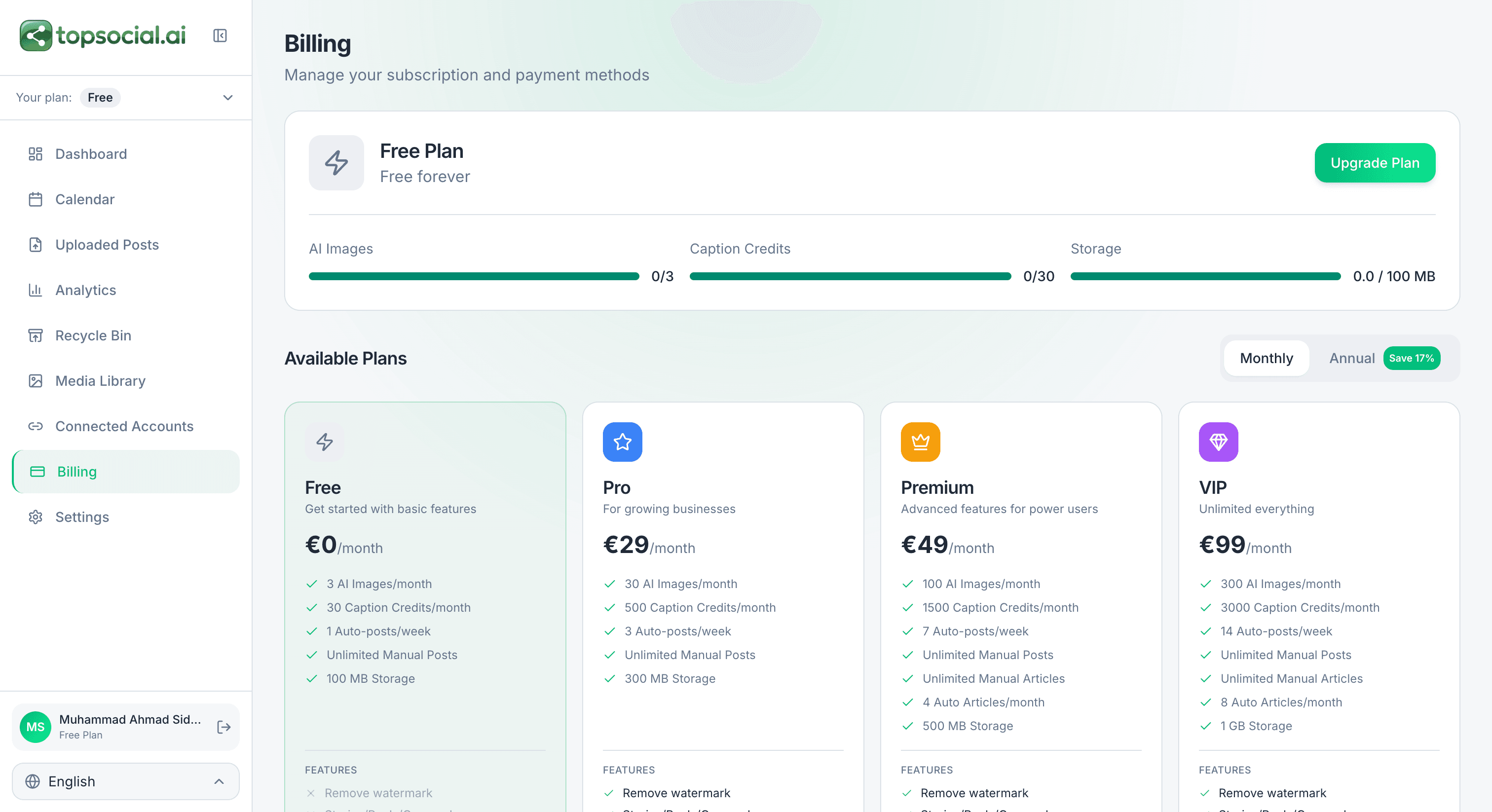 Billing — Four-tier Stripe plans: Free €0, Pro €29, Premium €49, VIP €99/month with AI image quotas and caption credit allotments