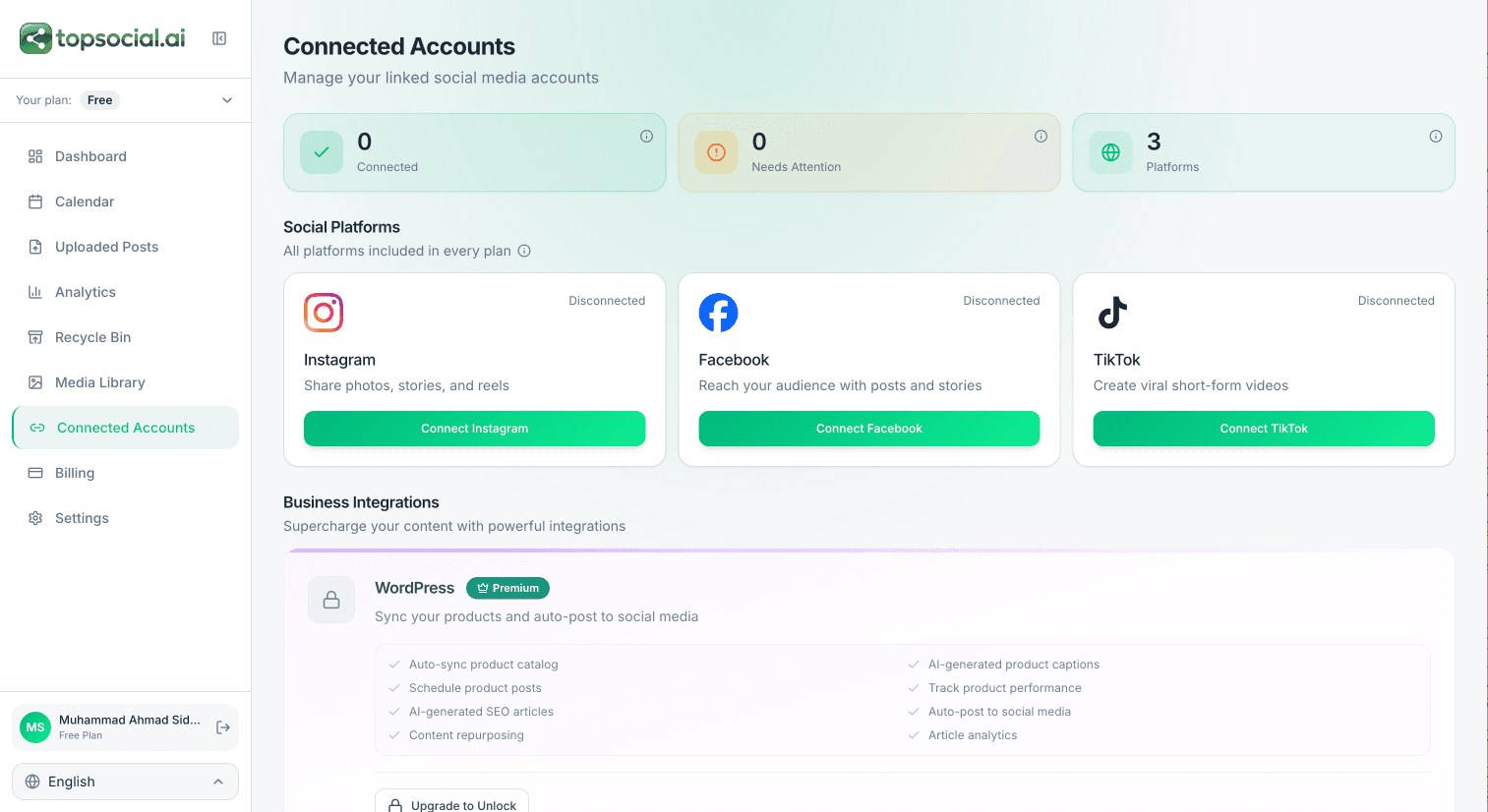 Connected Accounts — One-click OAuth connection for Instagram, Facebook, and TikTok with WordPress business integration