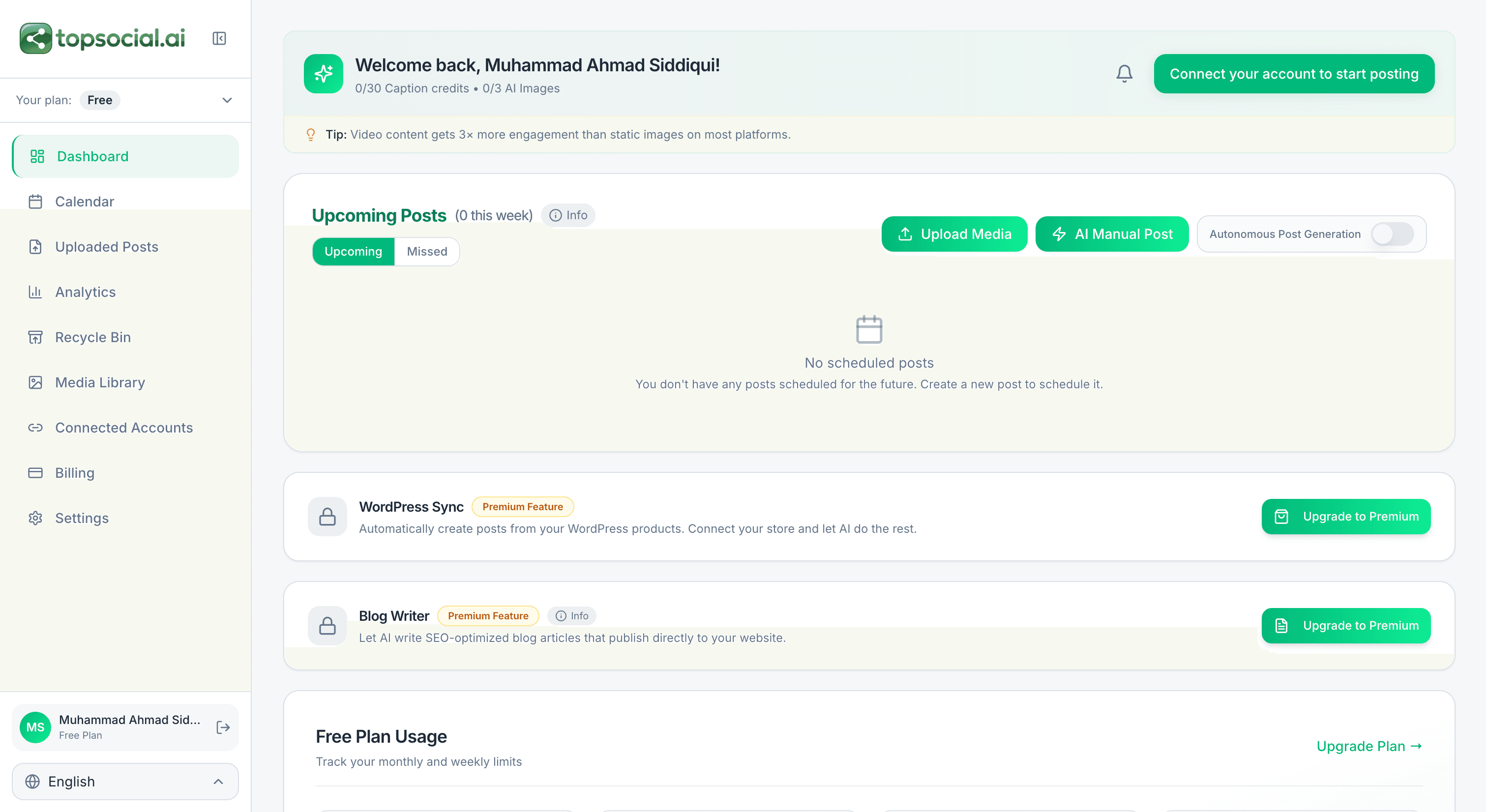 Dashboard — Upcoming posts feed, Upload Media, AI Manual Post, Autonomous Post Generation toggle, WordPress Sync and Blog Writer premium features