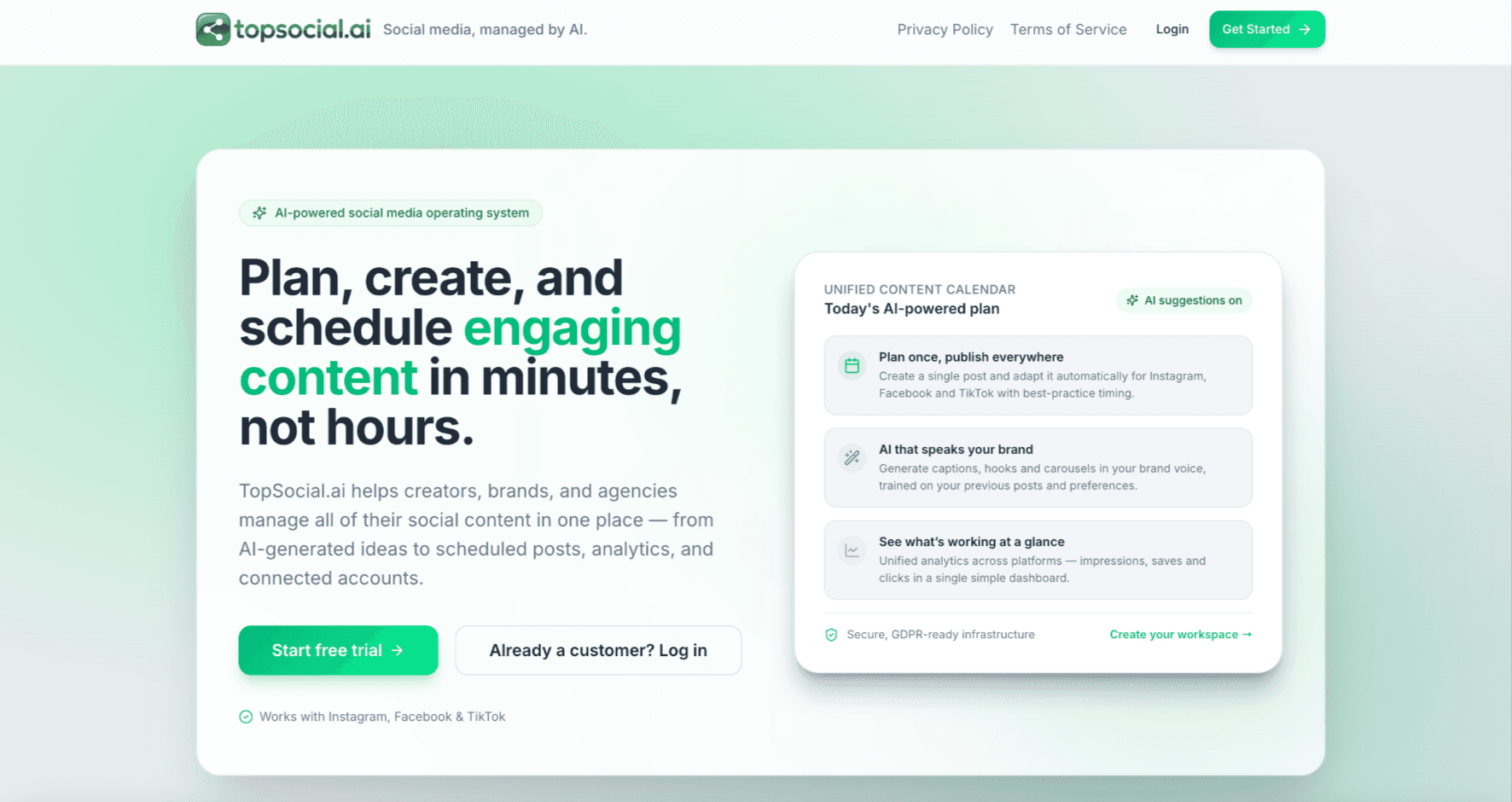 Landing page — 'Plan, create, and schedule engaging content in minutes, not hours.' with unified content calendar preview