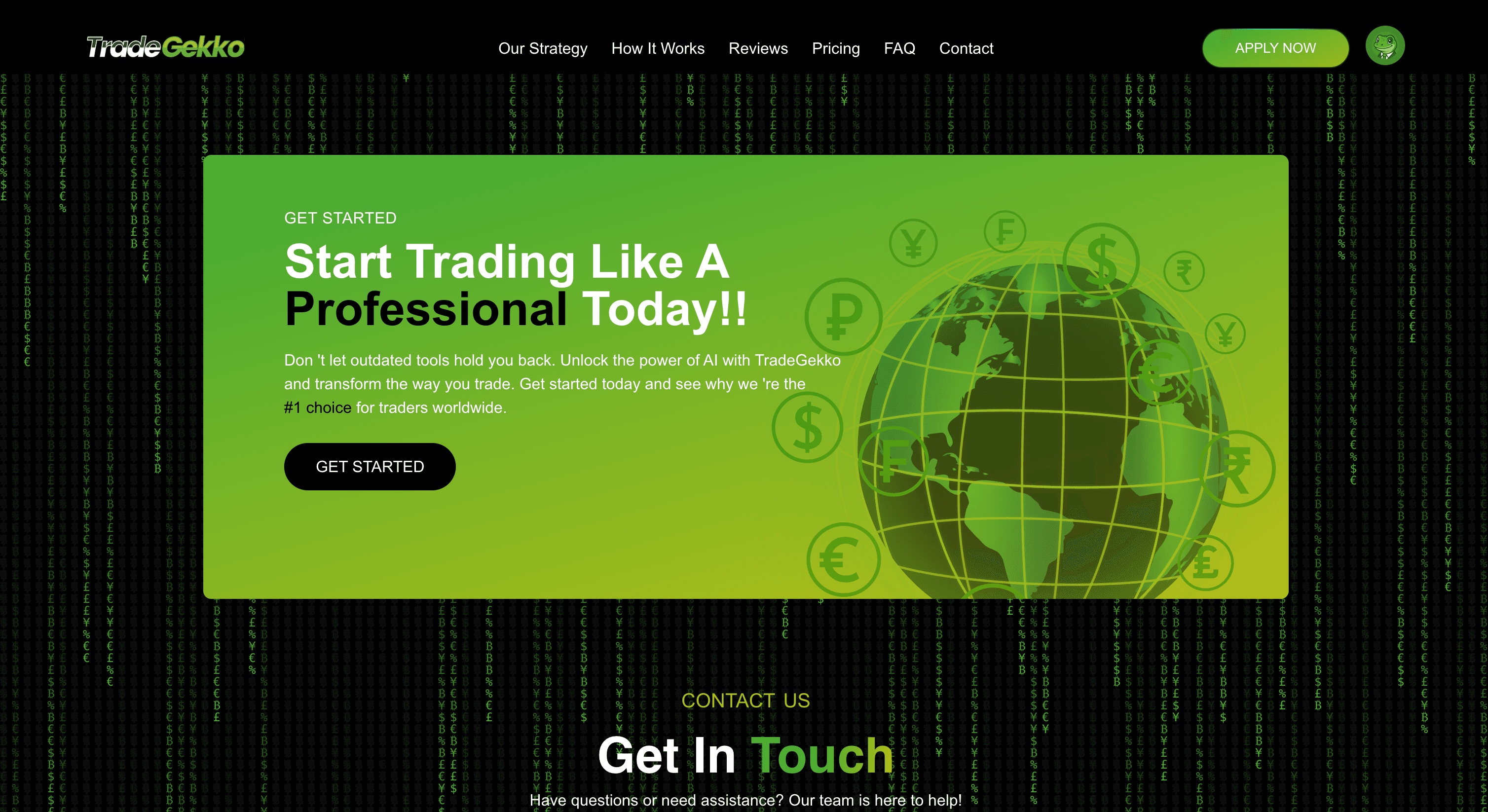 CTA section — 'Start Trading Like A Professional Today': global multi-currency visual, AI platform positioning as the #1 choice for worldwide traders