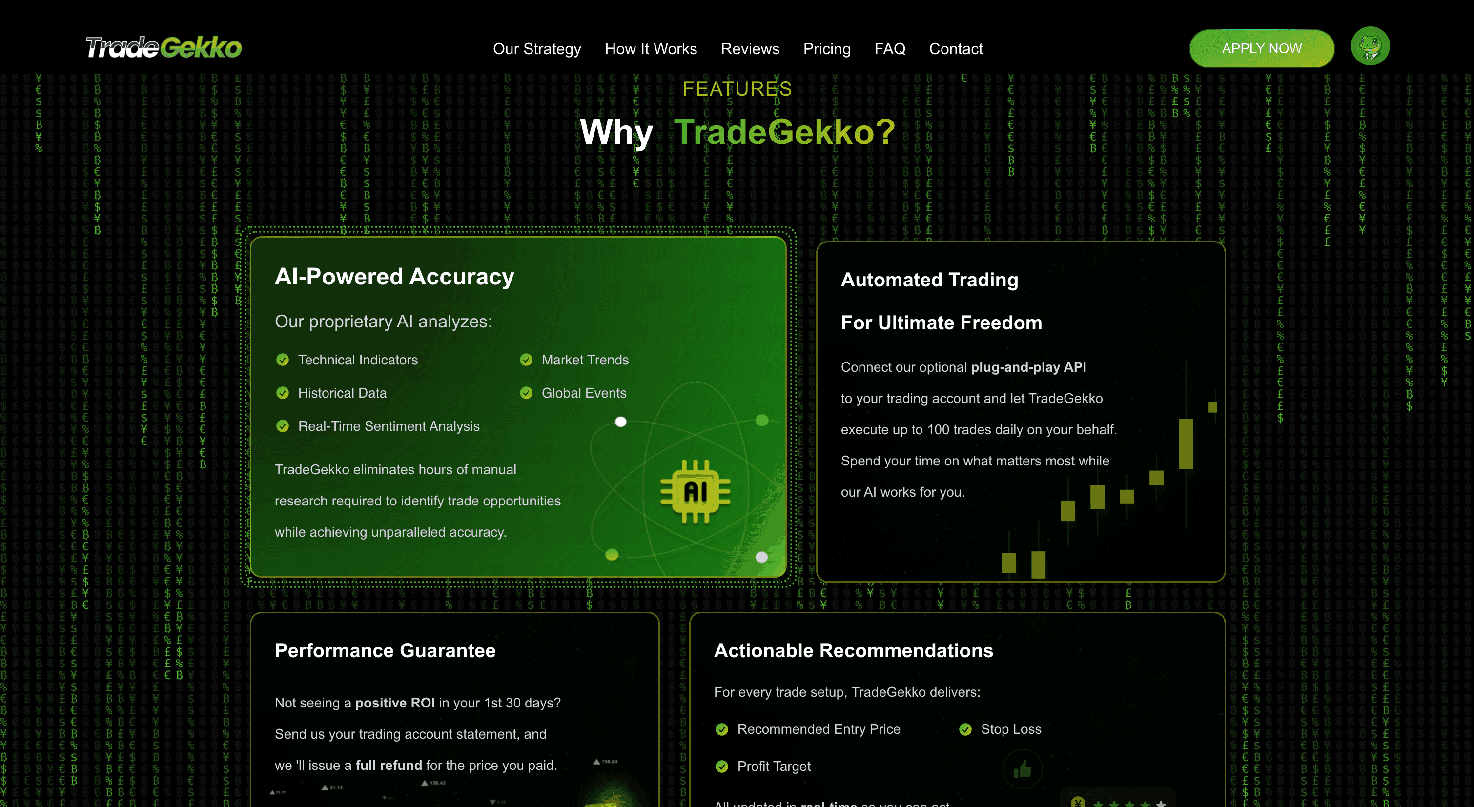 Why TradeGekko? — AI-Powered Accuracy (Technical Indicators, Historical Data, Market Trends, Global Events, Real-Time Sentiment), Automated Trading API (100 trades/day), Performance Guarantee, Actionable Recommendations