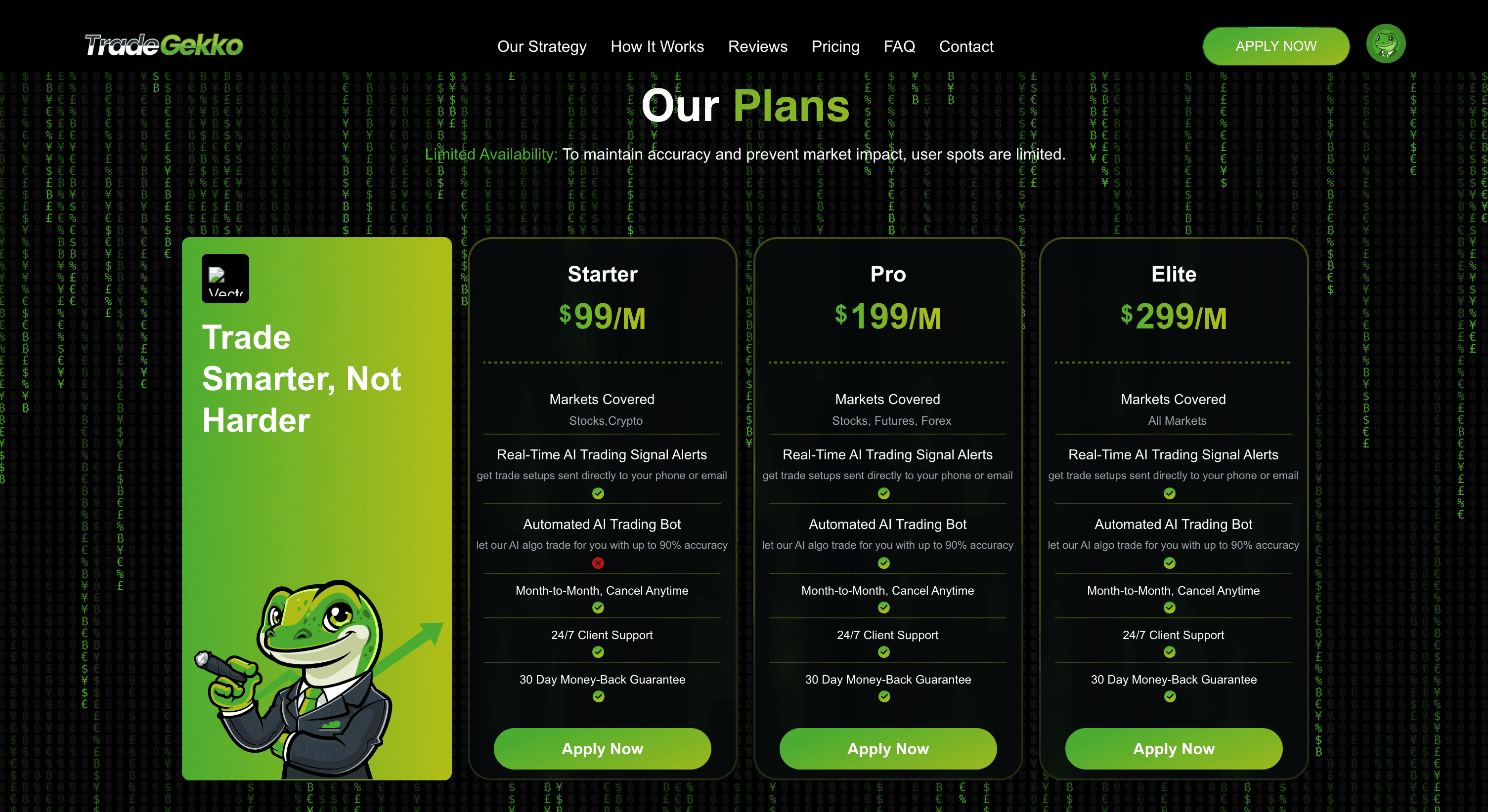 Pricing plans — Starter $99/M (Stocks, Crypto), Pro $199/M (Stocks, Futures, Forex), Elite $299/M (All Markets) — all with AI signal alerts, automated bot, 24/7 support, 30-day guarantee