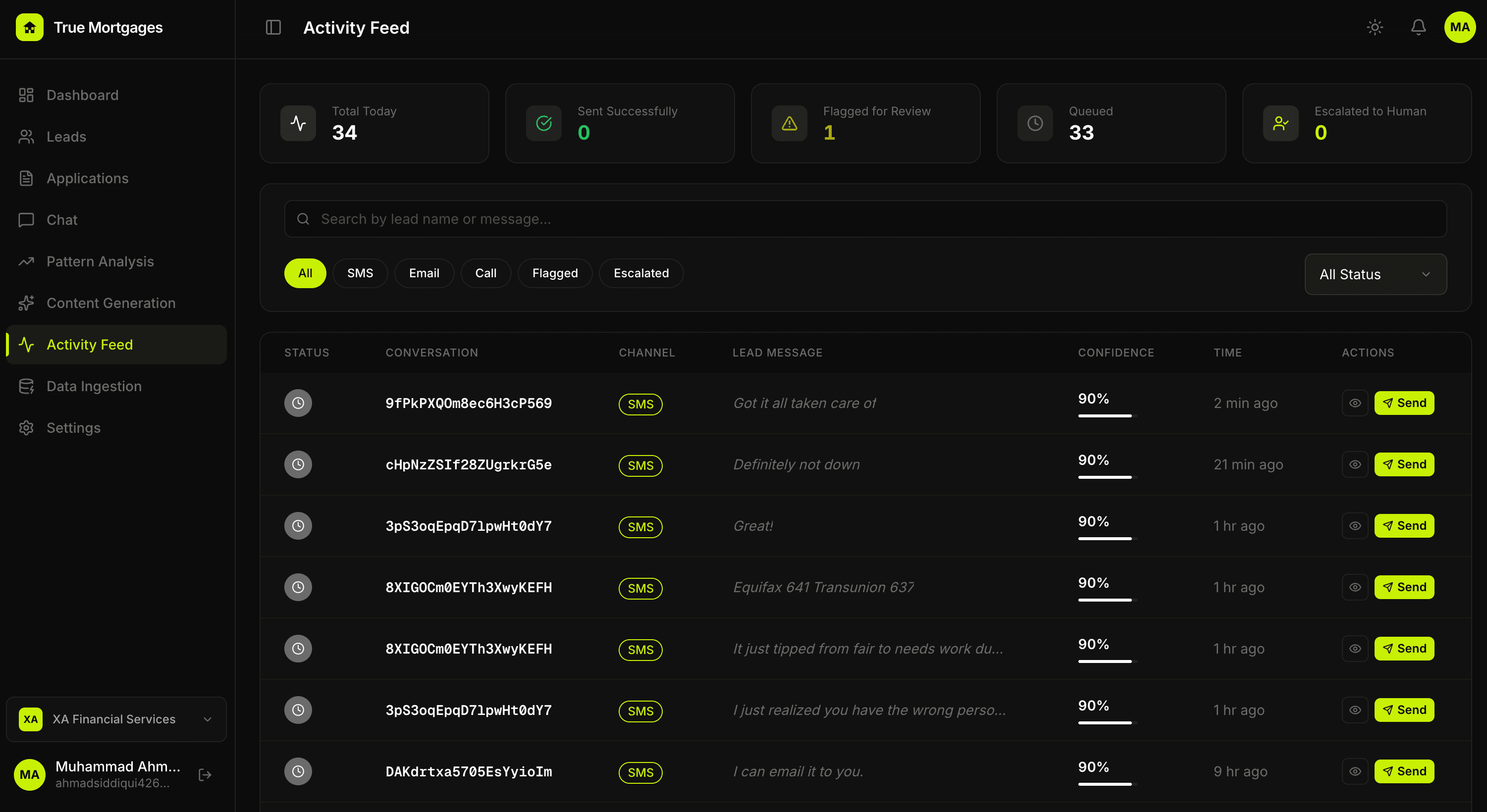 Activity Feed — every AI-generated message with channel, confidence score, lead snippet, and manual Send override