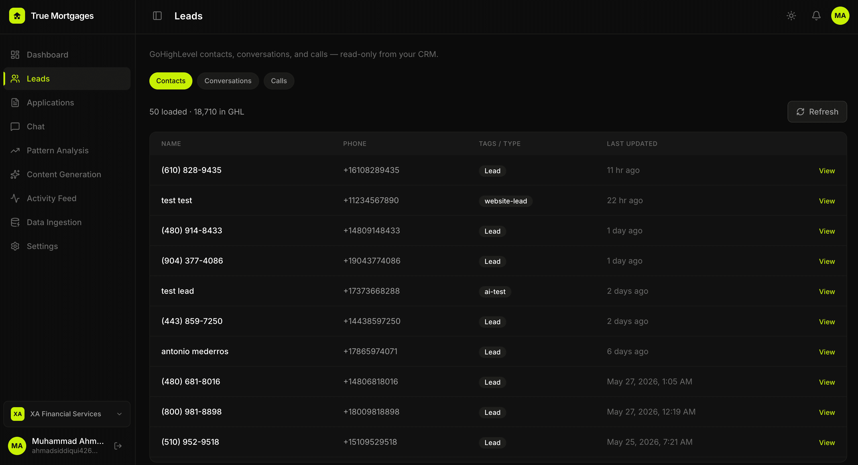 Leads — 18,710 GHL contacts with Contacts / Conversations / Calls tabs, synced read-only from CRM