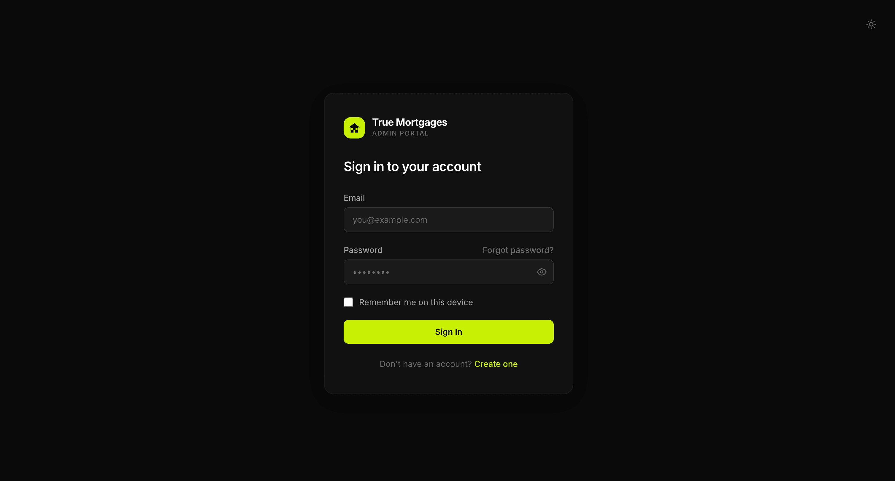 Sign In — True Mortgages Admin Portal login with Supabase Auth