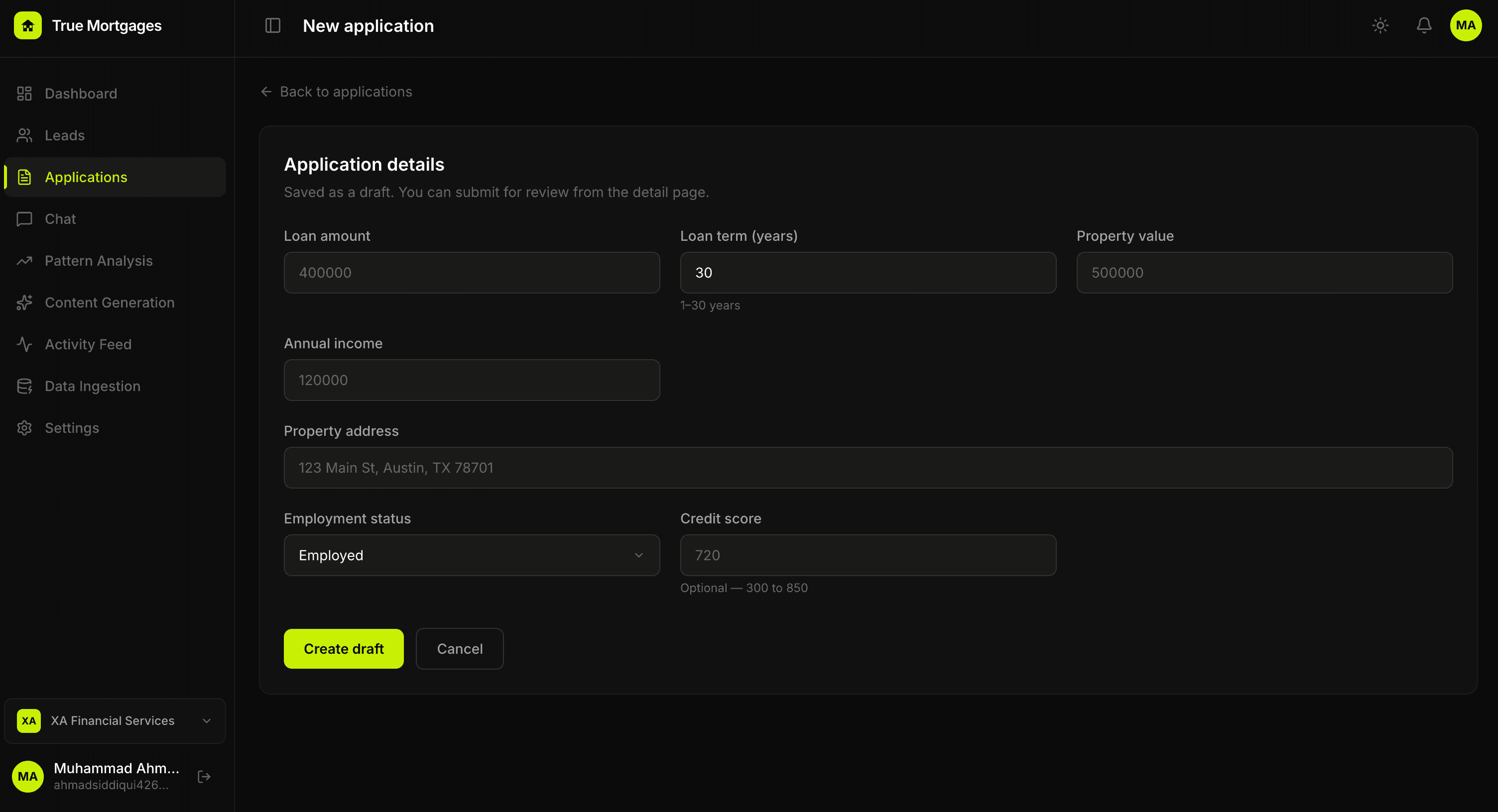 New Application — loan amount, term, property value, income, address, credit score — auto-pushed to Arrive LOS