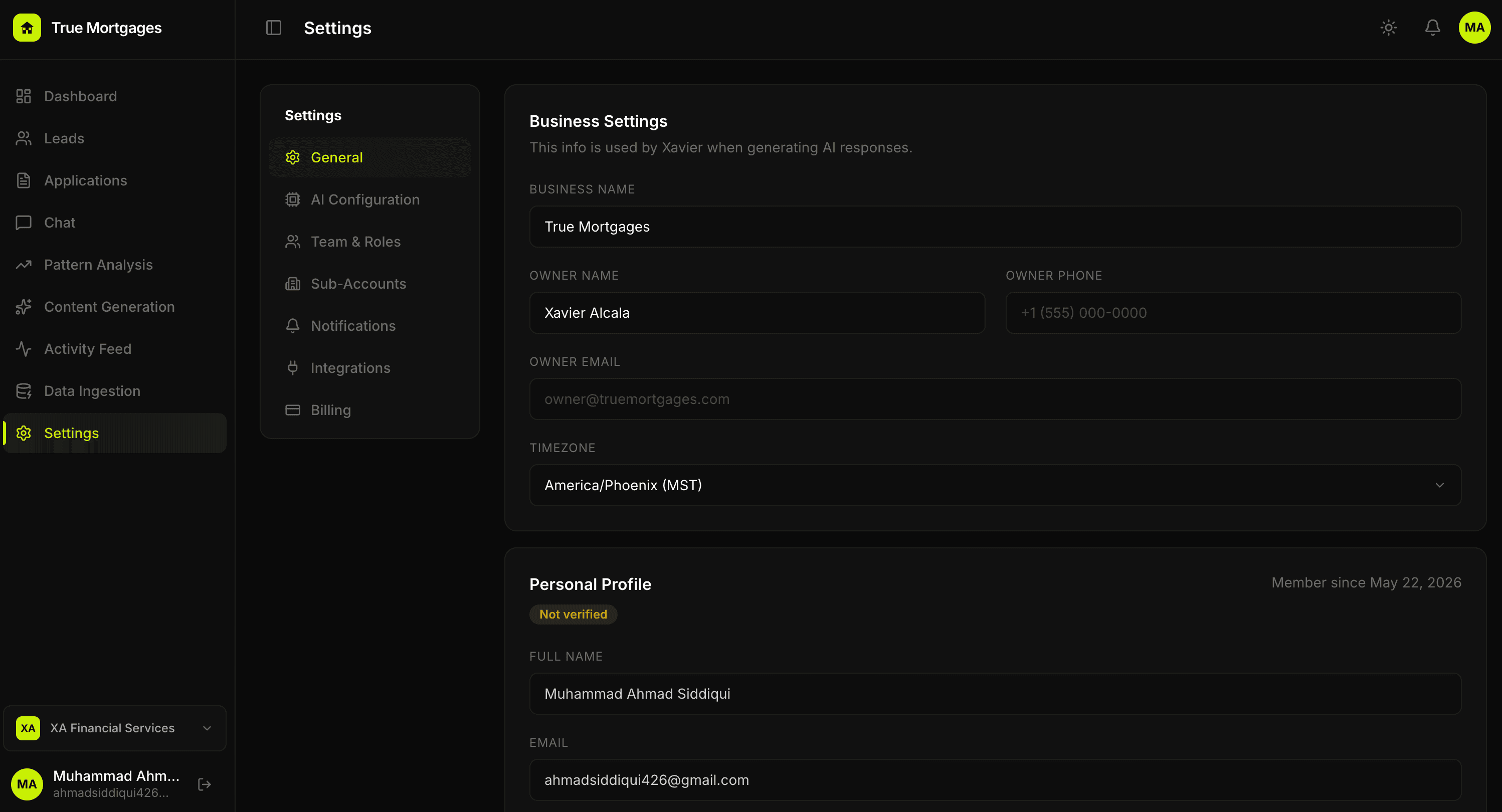 Settings — business configuration, AI response context, team roles, sub-accounts, integrations, and billing